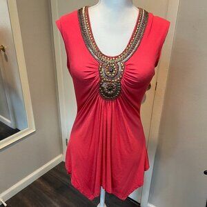 Cache Vintage Coral Beaded Sleeveless Hi-Low Top, Size Medium